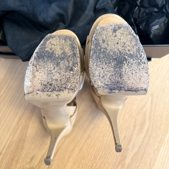 YSL Saint Laurent tribute platform sandals in tan/nude patent leather